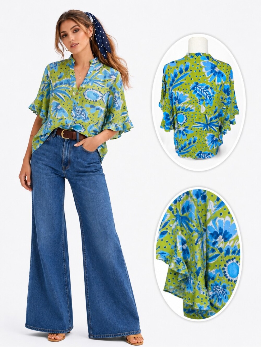 Anthropologie x Vera Collab Valley Green/Blue Floral Flutter Sleeve Blouse Sz S